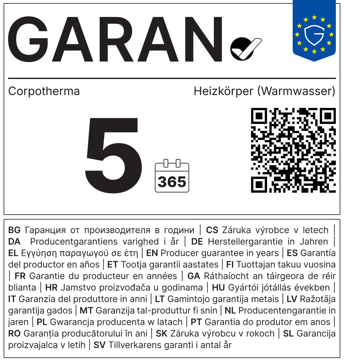Garantie – Corpotherma Badheizkörper, Handtuchtrockner Classic, gerade