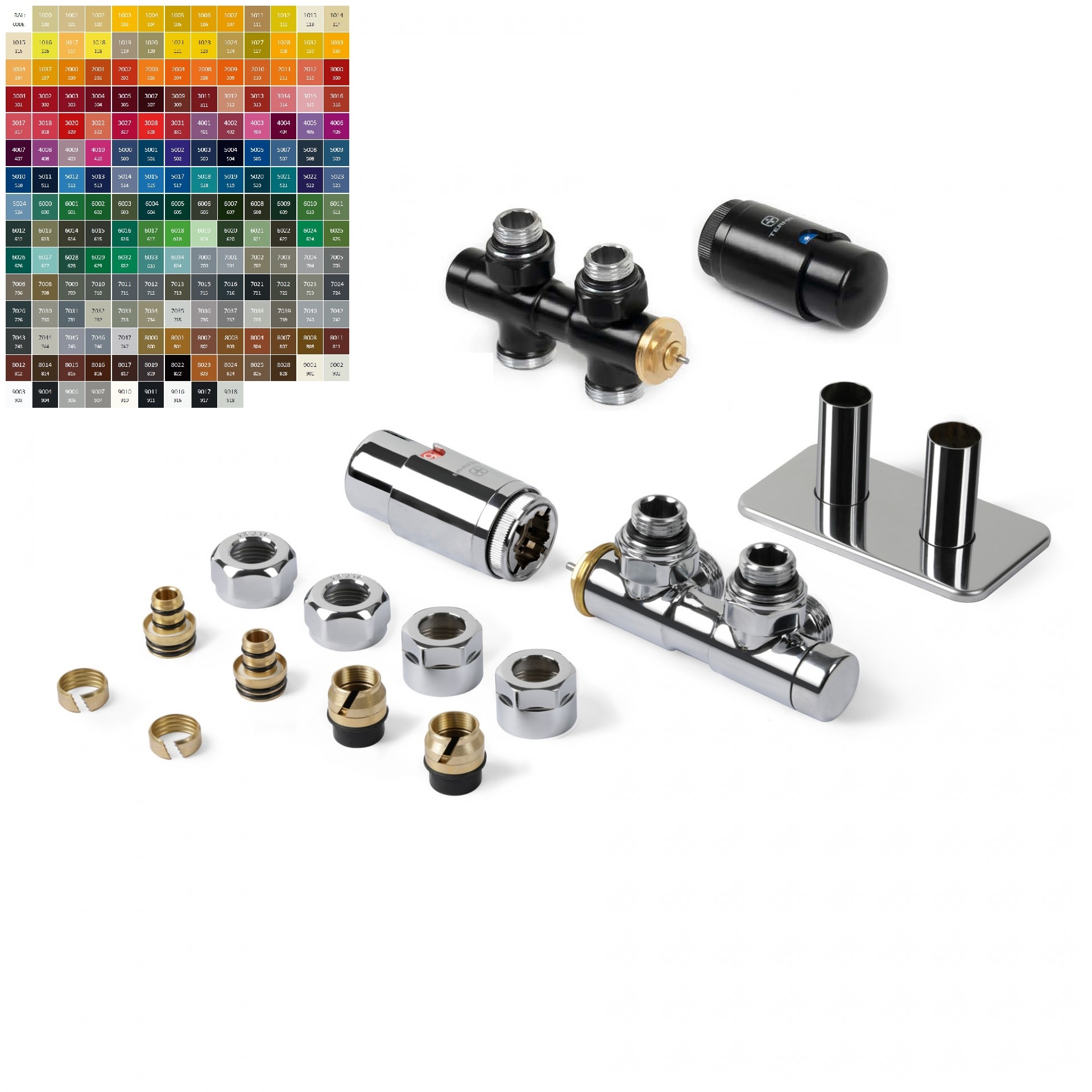 Terma Multiblock Set Verbundventil Eck- oder Durchgangsform, mit Thermostatkopf alle Farben