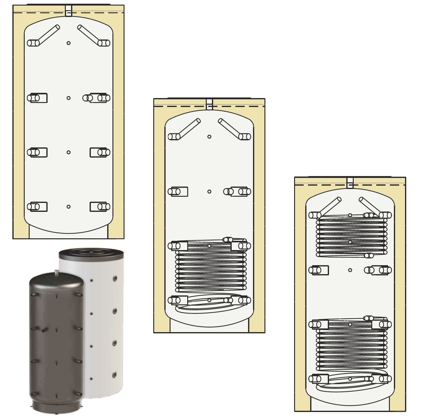 Pufferspeicher, Warmwasserspeicher, Boiler 300 - 2000l, 0-2 Wärmetauscher 